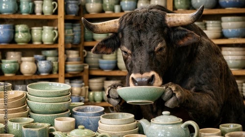 Careful bull in a china shop. Surreal concept