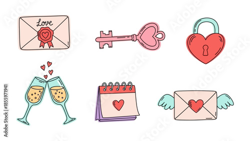 Love Iconography: A collection of charming hand-drawn illustrations that celebrates the essence of love, perfect for adding a touch of romance to any project.