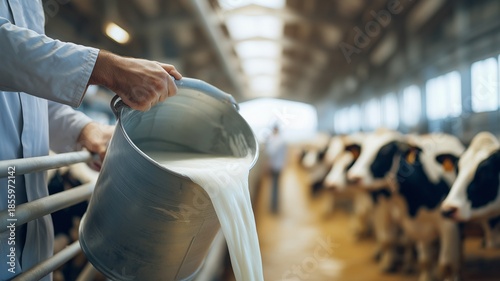 Pouring fresh milk at dairy farm, representing agriculture, dairy farming, and natural food production.