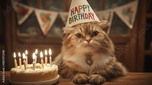 Funny Cat Celebrating Birthday with Cake and Candles