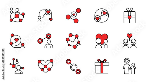 Love Connection: A captivating array of icons illustrates the many facets of affection. Red hearts, interconnected lines and figures convey the bonds of love and unity.