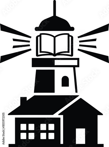 Lighthouse with open book emitting rays of light  symbolizing knowledge and guidance