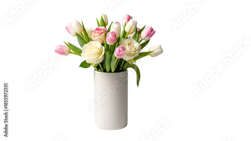 Wallpaper Mural A bouquet of white and pink tulips in a tall white vase on a black background Torontodigital.ca