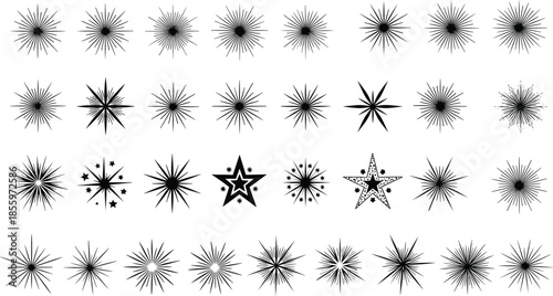 Starburst and star icons, black silhouette shapes, decorative sparkle elements, abstract festive symbols, vector graphic design assets