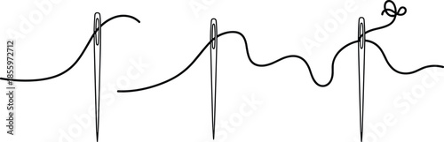 Threaded sewing needle icons, flat vector illustration, stitching styles, black thread curves, needlework symbols, minimal design, craft concept