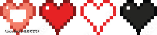 Pixelated heart icons, flat vector illustration, video game health symbols, retro style, life status indicators, colorful UI elements