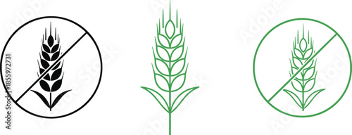 Wheat and gluten-free icons, flat vector illustration, allergy symbols, food label graphics, dietary restriction design, health-conscious elements