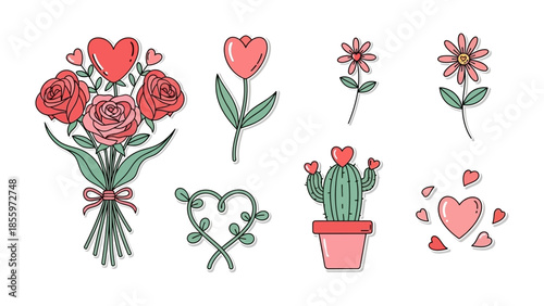 Valentine's day art : Delightful illustration art of Valentine's day. A romantic assortment featuring bouquet of roses, charming tulips, blooming flowers.