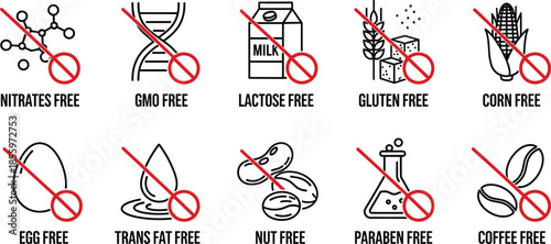 Allergen-free product icons, flat vector illustration, dietary restriction symbols, ingredient exclusion signs, health-conscious label design