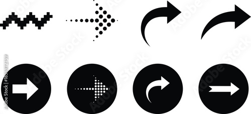 Arrow symbol icons, flat vector illustration, navigation elements, pixel and dotted arrows, circular UI design, direction indicators