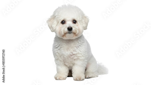 Bild auf Leinwand Isolated dog pet animal Bichon Frise puppy looking at camera, sitting in studio