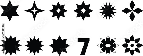 Black geometric star icons, flat vector illustration, visual IQ puzzle, symmetry shapes, pattern recognition, abstract design, cognitive test