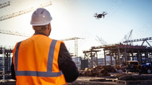 Engineer is controlling an unmanned aerial vehicle above a construction site