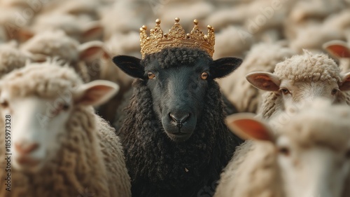Black sheep wearing a golden crown standing confidently among white sheep, leadership
