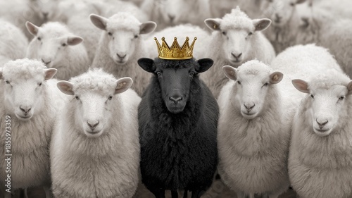 Black sheep wearing a golden crown standing confidently among white sheep, leadership