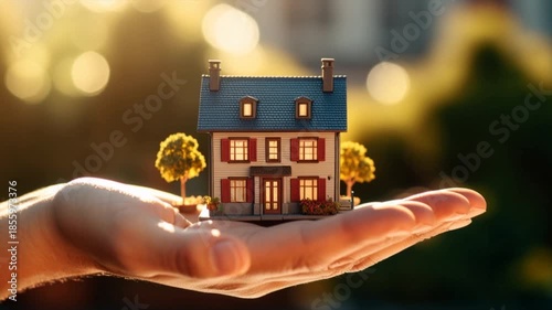 Human hand holds a miniature house. Property insurance, mortgage and home loan concept