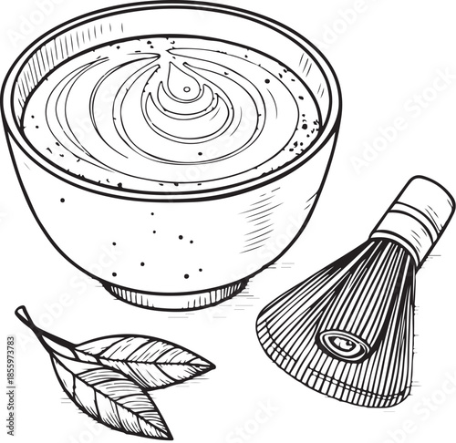 Matcha Tea Hand-drawn Sketch Drawing Vector Illustration, Line Linear Symbol Engraving Coloring Book, Black and White Isolated
