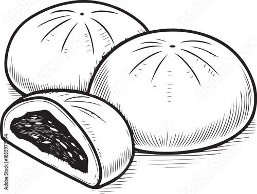 Motchi Hand-drawn Sketch Drawing Vector Illustration, Line Linear Symbol Engraving Coloring Book, Black and White Isolated