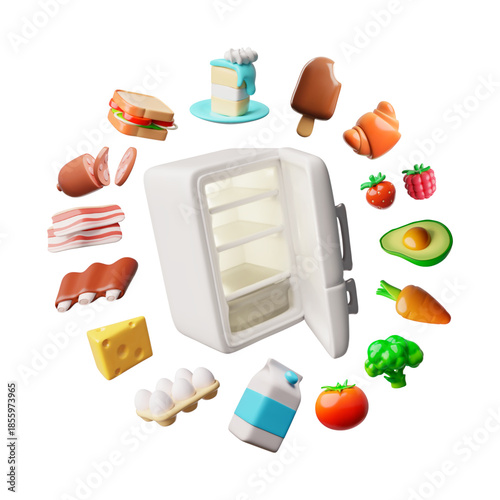 Fridge with food products around 3D cartoon vector, refrigerator household kitchen electric appliance, cold food storage
