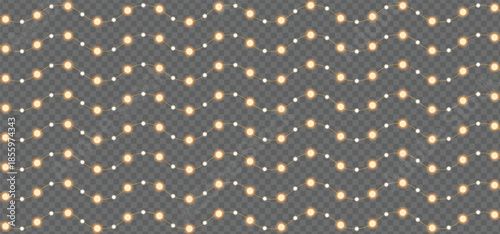 Seamless pattern of glowing warm white string lights on a dark transparent background
