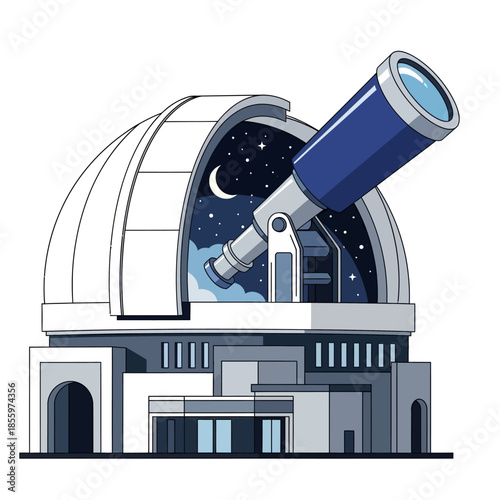 Cartoon illustration of an astronomical observatory building with a blue telescope pointing at a starry night sky inside its dome.