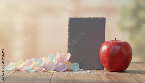 Red Apple and Pastel Petals Beside a Small Chalkboard on a Wooden Surface