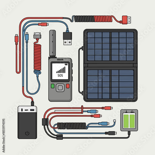 Illustrated portable solar charging kit with satellite phone, power bank, and diverse cables.
