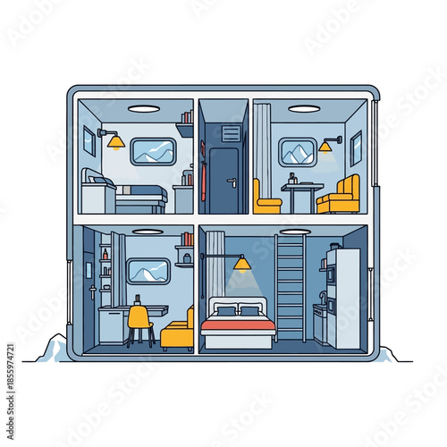 Modern two-story apartment cross-section illustration with four distinct rooms and furniture.