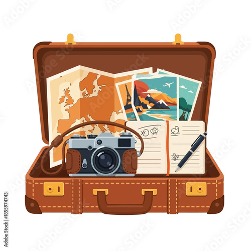 Open brown vintage suitcase packed with travel essentials - camera, maps, postcards, journal.