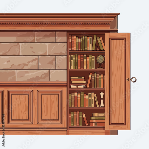 Ornate Wooden Bookshelf Cabinet with Open Door, Stacked Books, Stone Panel, and Classic Molding.
