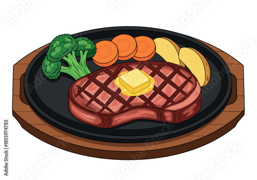 Appetizing illustration of a grilled beef steak with melting butter, broccoli, carrots, and potatoes on a hot cast iron skillet.
