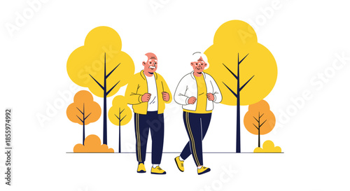 A happy and active senior couple wearing matching tracksuits enjoys a healthy jog together in a park with autumn trees.