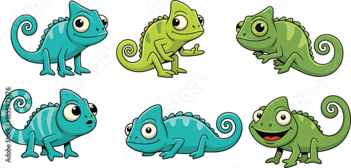 Collection of cute blue and green chameleon characters with curly tails for children nursery and exotic wildlife designs.