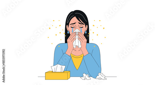 A sad woman with allergies or a cold is crying and blowing her nose with a tissue surrounded by pollen or dust particles.