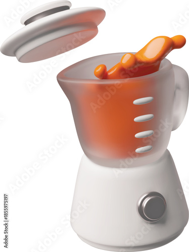 Blender with smoothies splashes 3D plastic style vector icon, stand food mixer, kitchen appliance for whisking products
