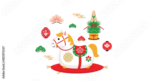 A cute white toy horse figurine with festive decorations for the Japanese New Year celebration of the Year of the Horse.
