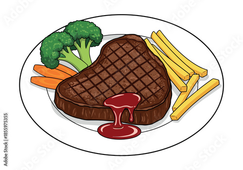 Delicious cartoon illustration of a grilled beef steak with grill marks, red sauce, french fries, broccoli, and carrots.