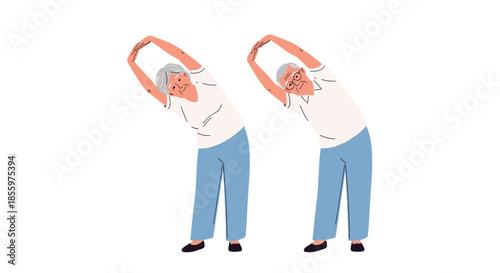 An active senior couple performs gentle stretching exercises together to maintain their health flexibility and well-being.