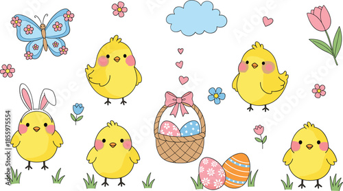 Cute cartoon Easter chicks collection with decorated eggs in basket butterfly and spring flowers isolated on white background.