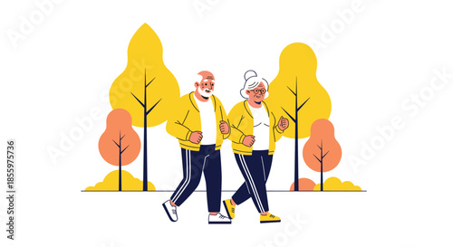 A modern flat illustration of a happy and active senior couple jogging together in a park with colorful autumn trees.