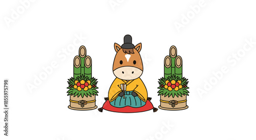 A cute cartoon illustration of a horse character in a formal kimono sitting politely between two Japanese kadomatsu decorations.