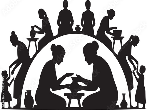 Black silhouette of people crafting pottery and teaching children on a white background adults