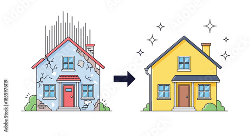 A before and after illustration shows a dilapidated old house being renovated into a beautiful new and clean home.