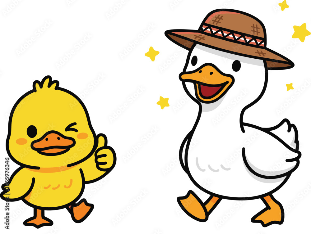 Fototapeta premium Cute cartoon white duck with straw hat and yellow duckling giving thumbs up for nursery and children designs.