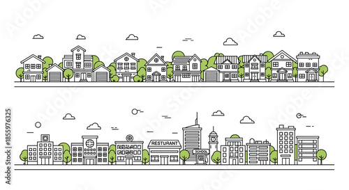 A set of two city and townscape illustrations showing a residential neighborhood and a city center with various public buildings.