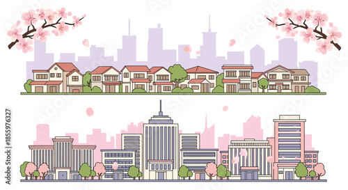 Two cityscape banners showing a suburban neighborhood and a downtown city center during the spring cherry blossom season.