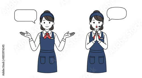Illustration set of a female cafe clerk in uniform gesturing to explain something and then apologizing with a speech bubble.