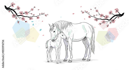 Tender illustration of a mother horse and her foal nuzzling under blooming cherry blossom branches on a white background.