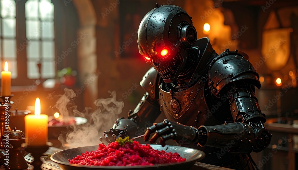 Fototapeta premium Cybernetic Knights Feast - A Medieval Robots Culinary Moment.