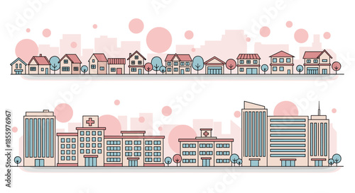 Two banners with line art illustrations of a residential neighborhood and a city center with hospitals and office buildings.